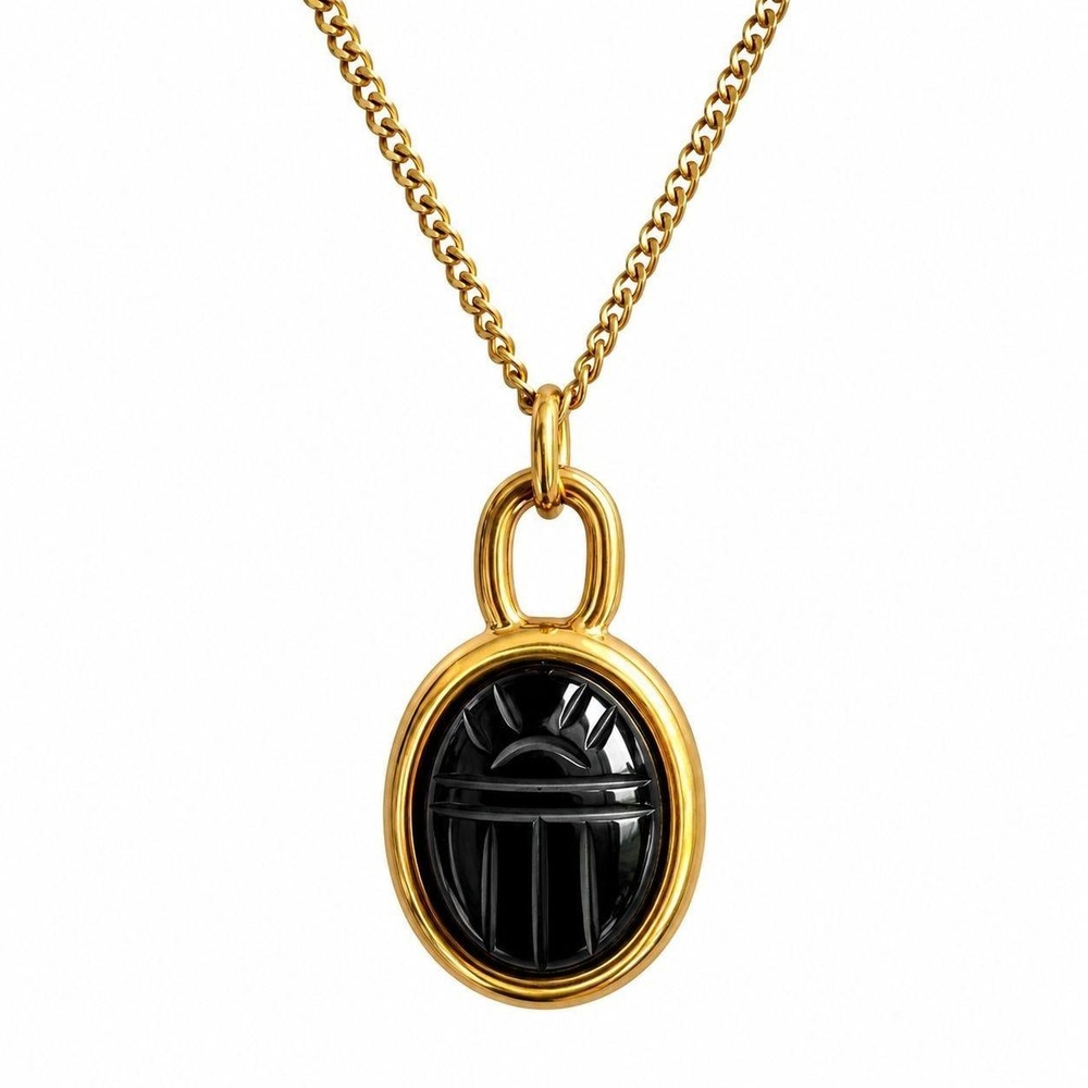 Vintage Black Gold Scarab Necklace Genuine Stone Beetle Pendant 1970s